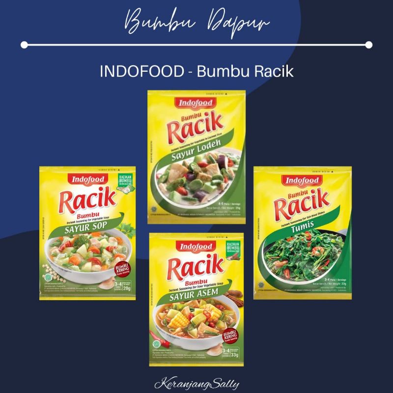 

[1sachet] INDOFOOD Bumbu Racik SAYUR SOP 20gr , SAYUR LODEH 25gr , SAYUR ASEM 33gr , TUMIS 22gr | bumbu dapur