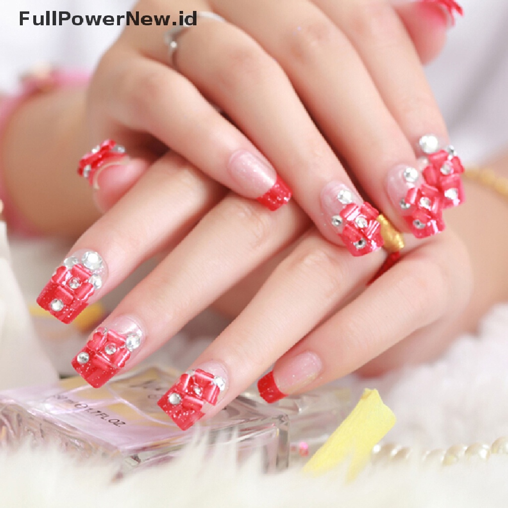 [KUKU PALSU] 24 Pcs/Set Red French Bride 3D Fake Nails Wrapped Tips Artificial False Nail .