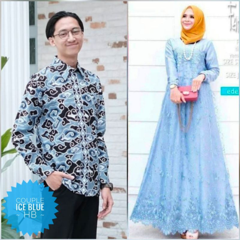 BAJU BATIK COUPLE KEMEJA DRESS BROKAT TILLE MODERN MODIS WARNA ICE BLUE MOTIF MEGA MANDUNG BIG SIZE 