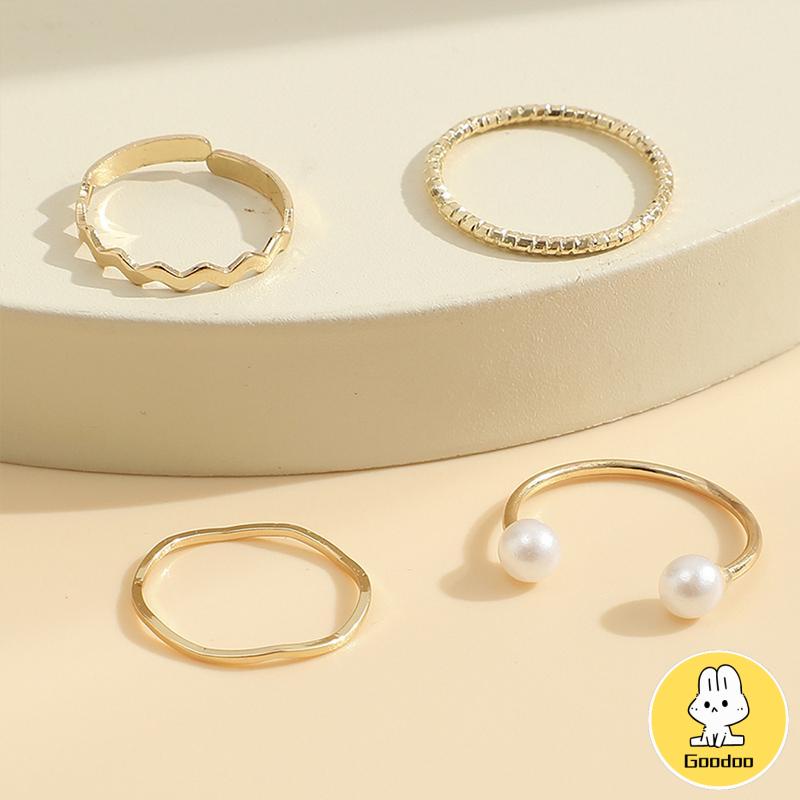 4 Pcs/set Korea Cincin Emas Untuk Wanita Sederhana Mutiara Elegan Cincin Set Dapat Disesuaikan Terbuka Perhiasan Hadiah -Doo