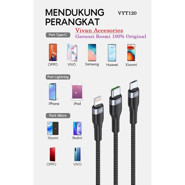 Vivan VYT120 3in1 Fast Charging Kabel Data Cable Micro USB-C Lightning