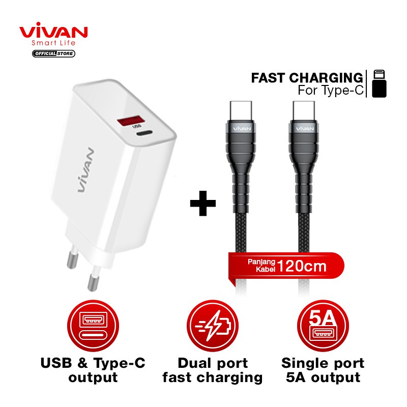 Charger VIVAN Fast Charging Original Casan USB Charging &amp; Type C 5A DT01 + Kabel Type C to Type C