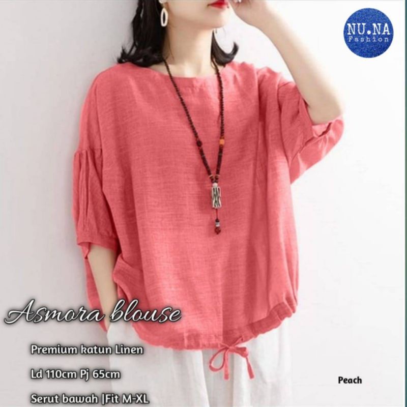 Blouse kancing belakang bawah tali serut bahan linen / Asmora blouse