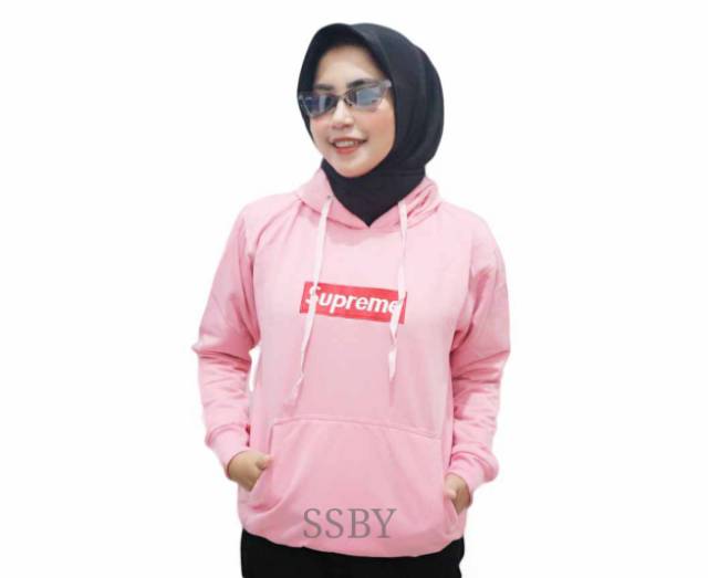 Jaket hoodie switer supreme cewek wanita logo bordir pink nevy hitam putih abu