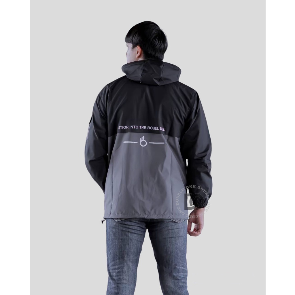 DOUBLE ONE - Jaket Pria Outdoor Taslan Original THE BOJIEL / Jaket Waterproof / Jaket Hoodie Parasut Pria / Jaket Hoodie Anti Air Hitam Abu