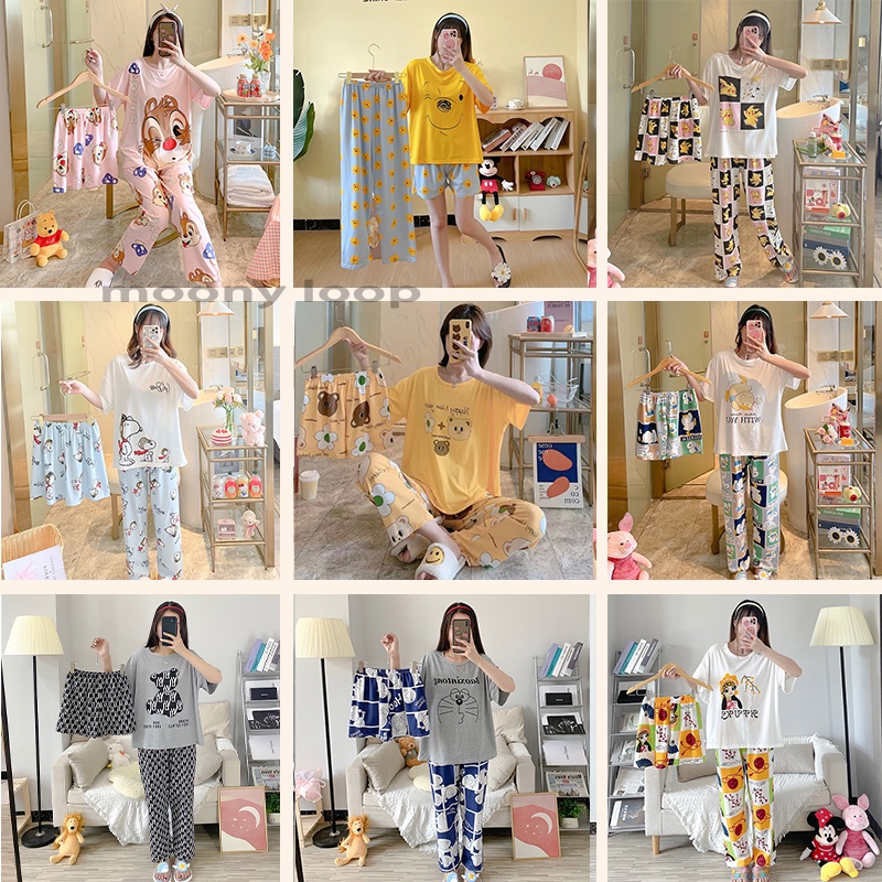 Baru set Baju Tidur Wanita Dewasa Oversize Piyama Bahan Kaos Celana Panjang & Pendek Setelan Baju Tidur 3IN1 Setelan Piyama-1