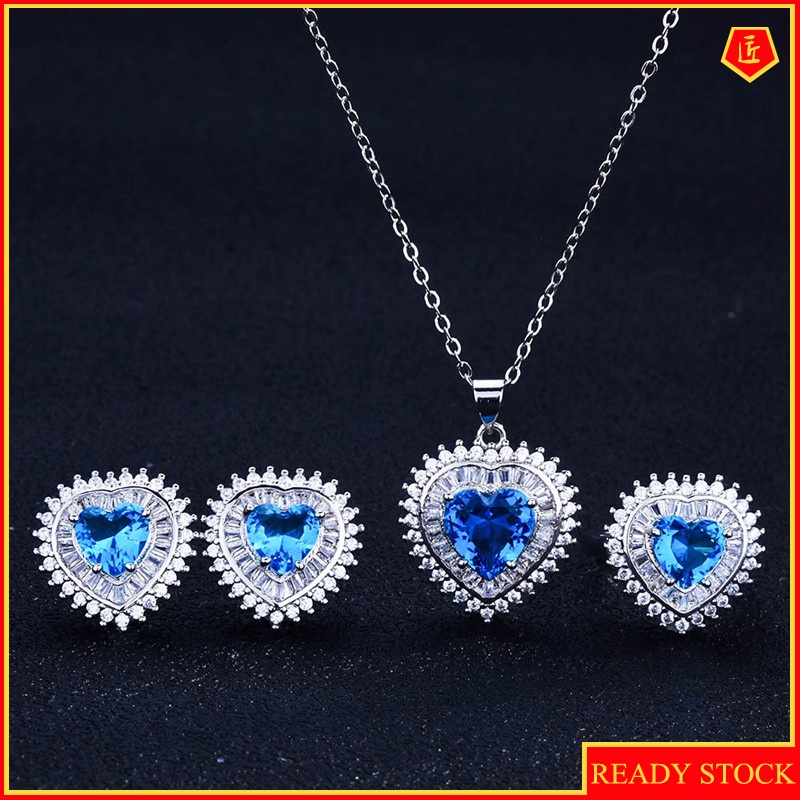 [Ready Stock]Necklace Natural Sapphire Crystal Rings Ear Studs Set