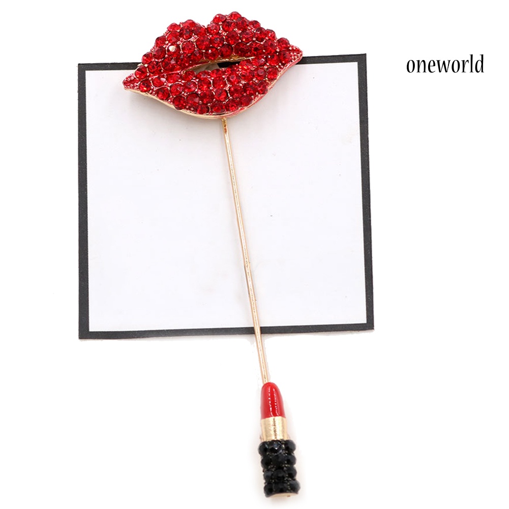 OW@ Red Lips Lipstick Rhinestone Inlaid Brooch Pin Women Cardigan Shawl Breastpin