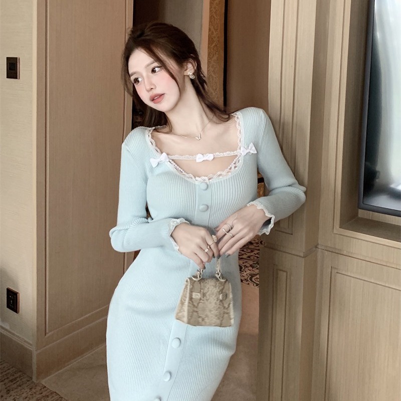 midi dress korea jahitan renda dipangkas busur lengan panjang rajutan gaun pinggang tinggi tombol wa