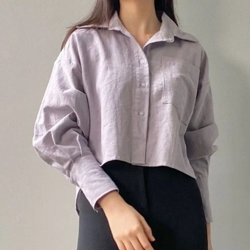 Davi Linen Shirt Kemeja Crop Linen Pocket Wanita Oversize Crop Korean Style Premium Terbaru Perempuan Korea Modern Terlaris