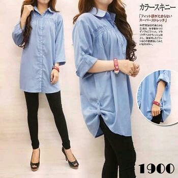 012 KEMEJA JUMBO DENIM POLOS BAJU ATASAN WANITA CEWEK PEREMPUAN DEWASA MURAH BIG SIZE FIT XXL