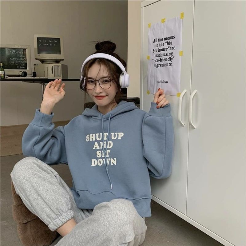 HOODIE WANITA - SHUT UP SWEATER HOODIE - ATASAN WANITA - HOODIE FLEECE-PAKAIAN TERLARIS-KOREAN STYLE