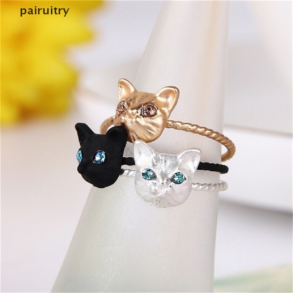 Prt 1Pc Cincin Bentuk Kucing Mini Aksen Berlian Imitasi Warna Hitamgoldsilver Untuk Wanita PRT