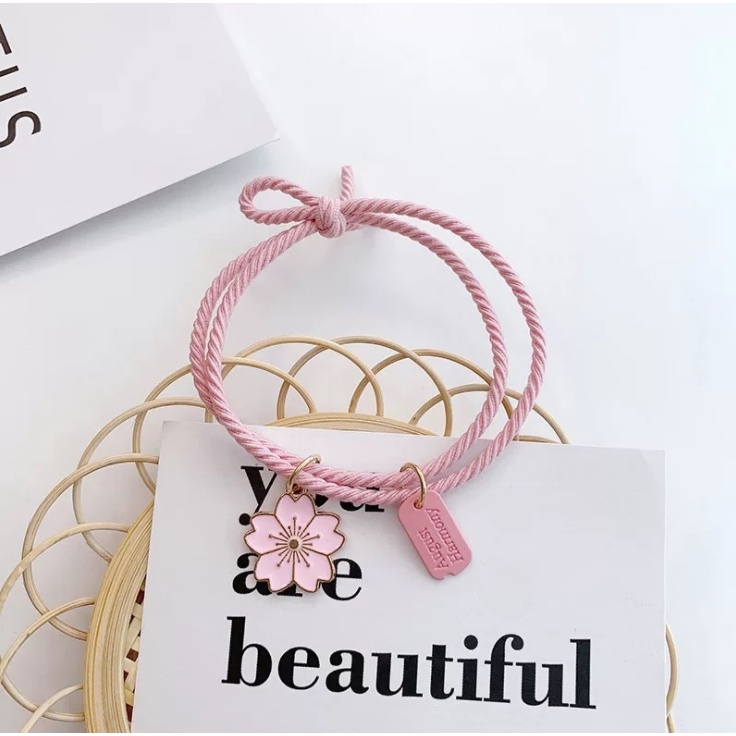 Gelang ikat rambut Daisy Sunflower Sakura elastis awet Gaya Korea-Sakura Pink