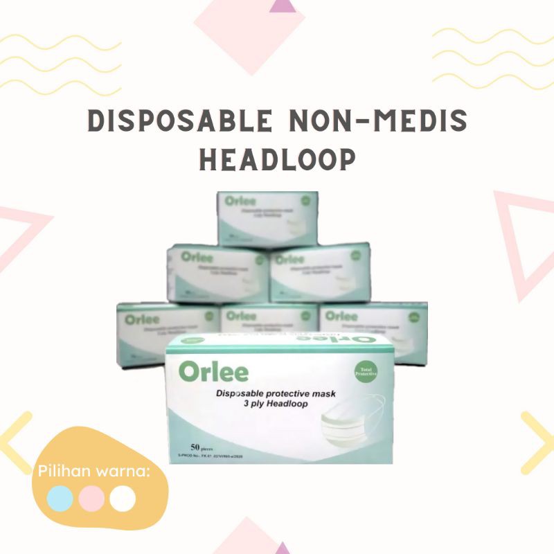 Orlee Masker Disposable Headloop 3 Ply Warna Biru Putih Pink 50 pcs Non Medis