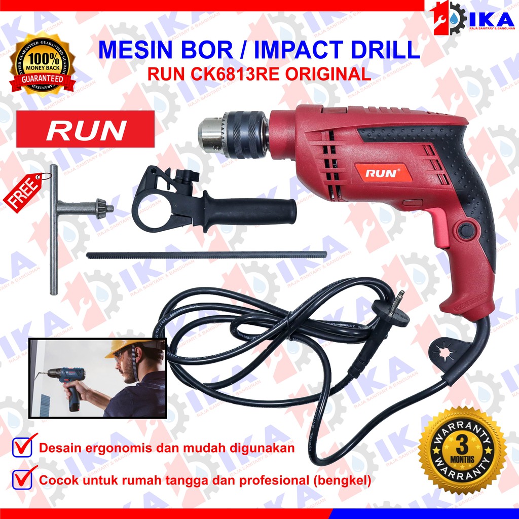 Mesin Bor RUN Impact Drill 10mm 13mm Set Reversible Mesin Bor Tangan Listrik