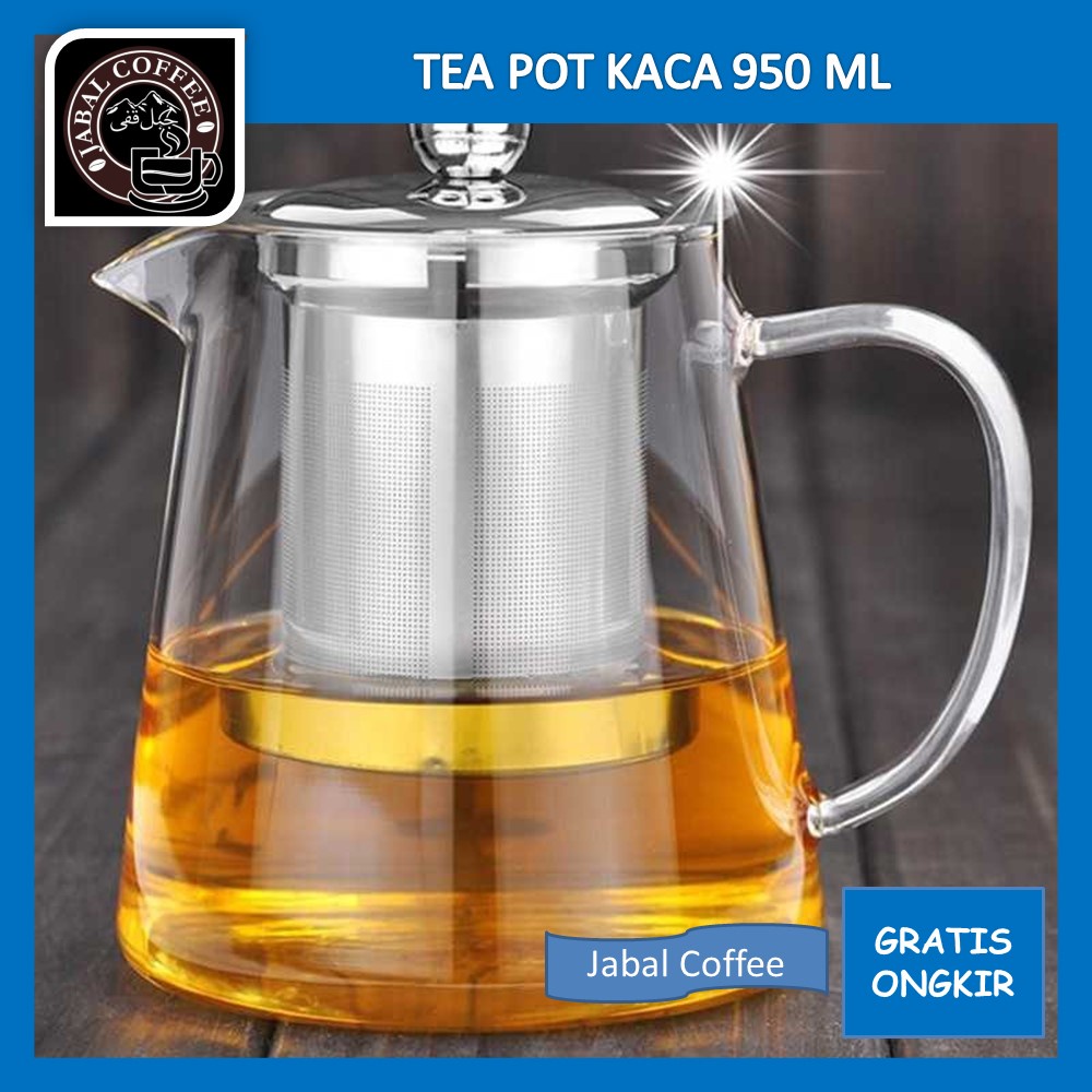 Saringan Teh Glass Tahan Panas / Tea Pot Kaca Segi 950 Ml / Tea Maker