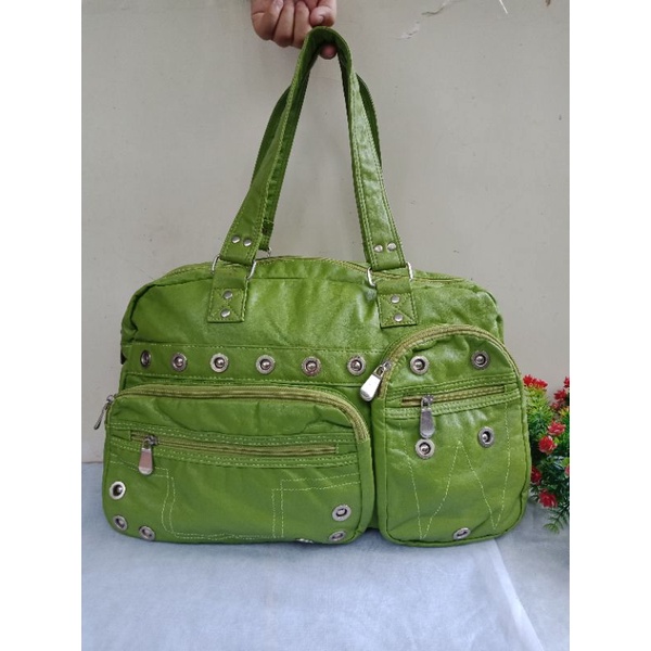 TOTE KULIT HIJAU NO BRAND, TOTE KULIT PRELOVED,  TAS TOTE HIJAU FULL KULIT