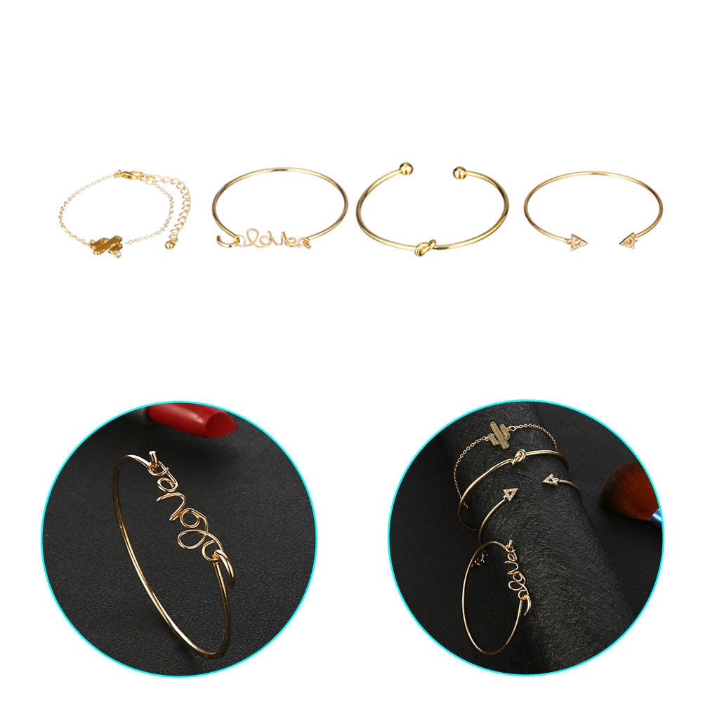 4Pcs/Set Women Gilr Gold Triangle Knot Love Cactus Opening Bangle Chain Bracelet