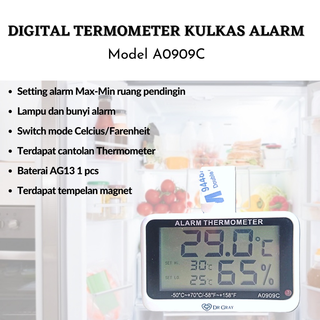 DR GRAY Termometer Kulkas Pendingin dengan Alarm Digital / Thermometer Freezer Chiller IceBag Type A909C