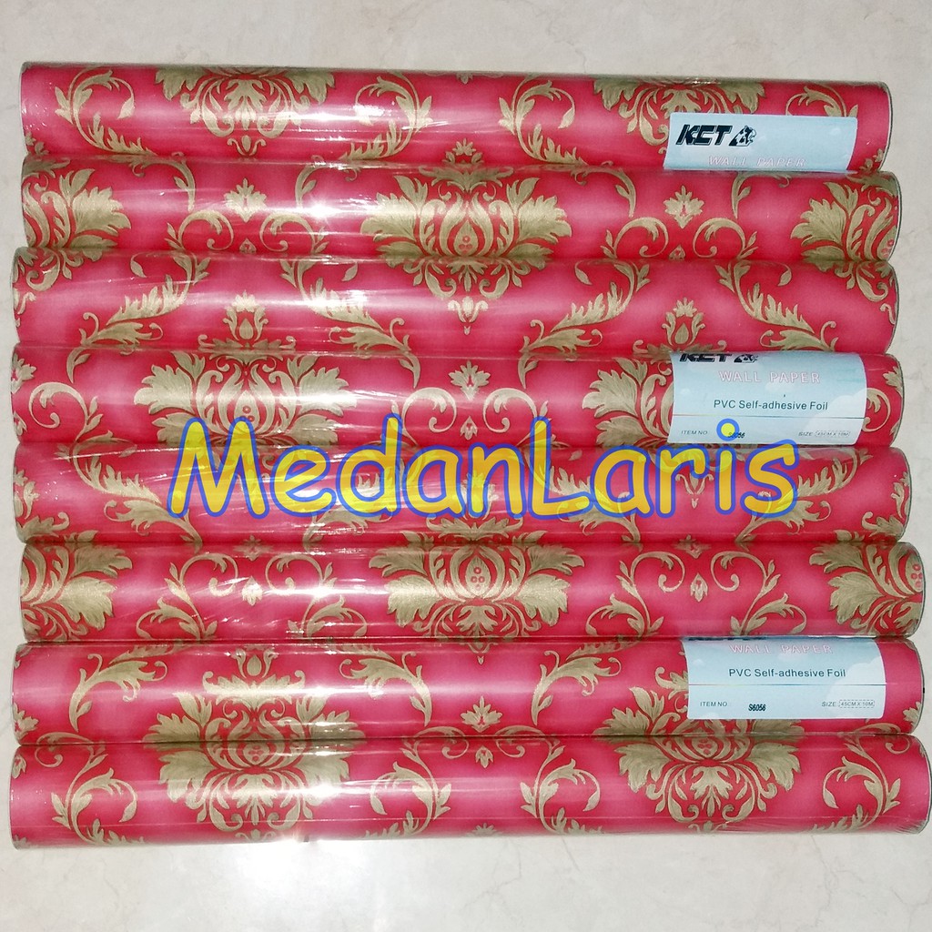 Wallpaper Stiker Ukiran Batik Merah Pink Emas Gold Wall Sticker Paper Dinding S6056 Elegan Klasik