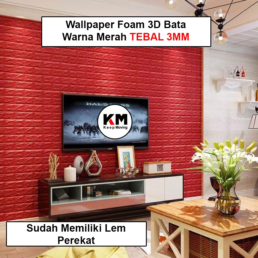 KM Wallpaper Foam 3D Bata Warna Merah Premium Wall Paper Sticker Wallpaper Foam Bata Stiker