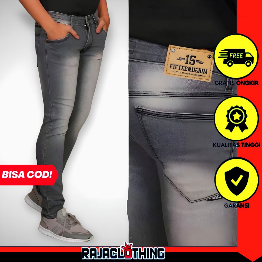 RCL - Celana Jeans Pria Skinny Slim Fit Panjang Abu Stone / Ori FIFFTEEN Celana Panjang Pria casual Slimfit Terbaru celana Black Jazz Benang Hitam Pants Premium