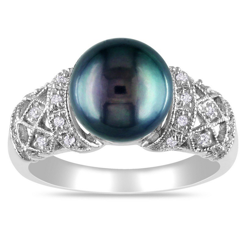 SeuSuk Fashion Silver Black Pearl &amp; Diamond  Wedding Engagement Ring Jewelry