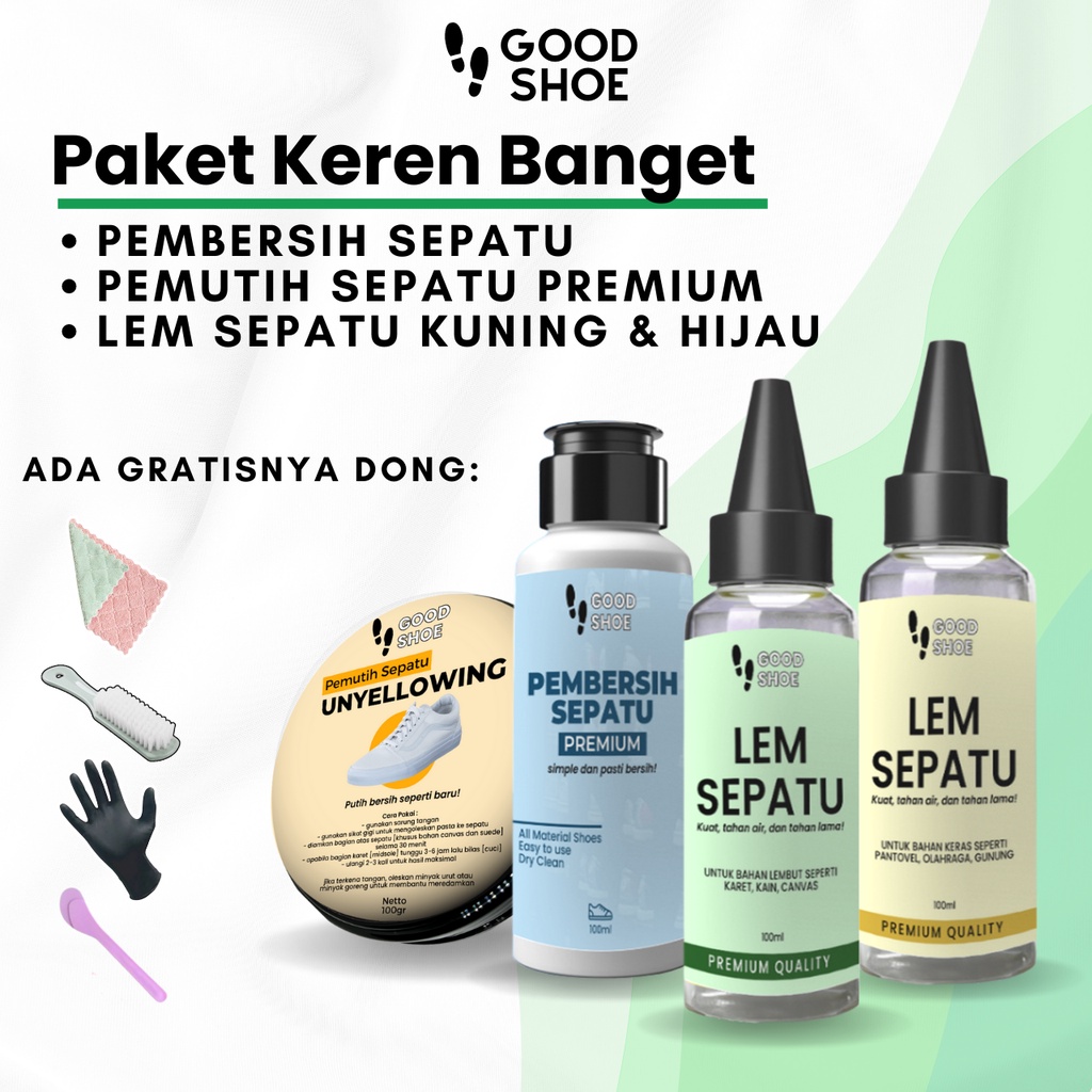 Good Shoe Paket Keren Banget Whitening Unyellowing Sepatu Dan Premium Shoe Cleaner Lem Sepatu Super Kuat Kuning Hijau Pembersih Sepatu Dan Pemutih Sepatu Premium Penghilang Noda Kuning Sepatu Canvas Kanvas Suede Futsal Bola Sneaker