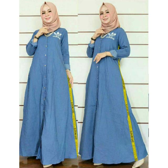 Maxy Denim Offlist, maxy dress, gamis, dress muslim, motif Offlist, gamis katun denim, casual dress