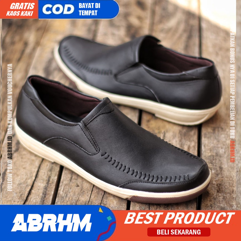 ABRHM x SANPER Sepatu Casual Slip On Kulit Asli Kasual Formal Pria Kerja Kondangan Slop Anti Slip Original