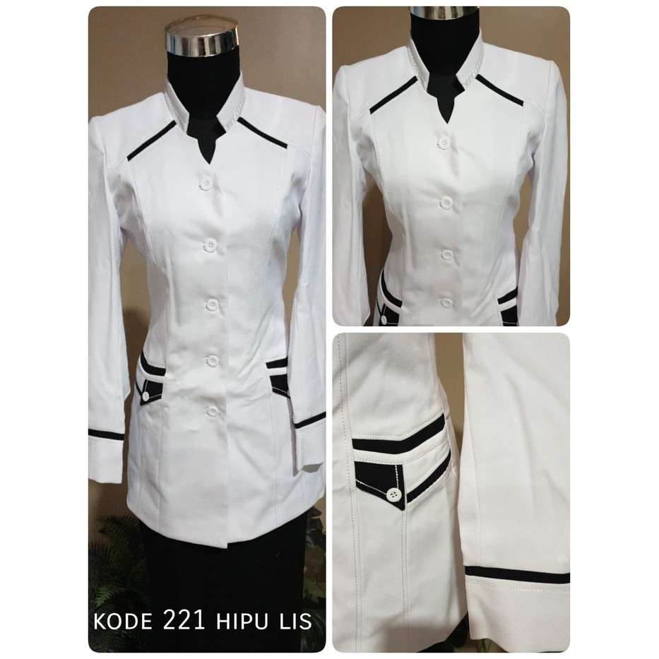 Blazer putih lis hitam, Jas putih pns, Blazer perawat wanita, Setelan