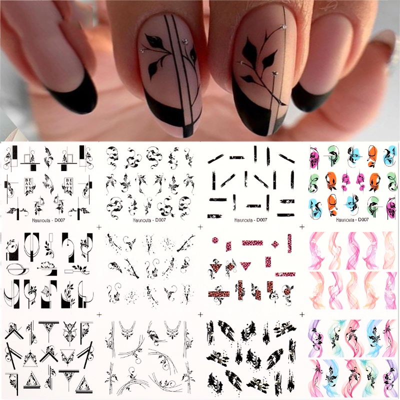 12pcs / Set Stiker Kuku Motif Geometri / Bunga / Daun / Cat Air Untuk Nail Art / Manicure Diy