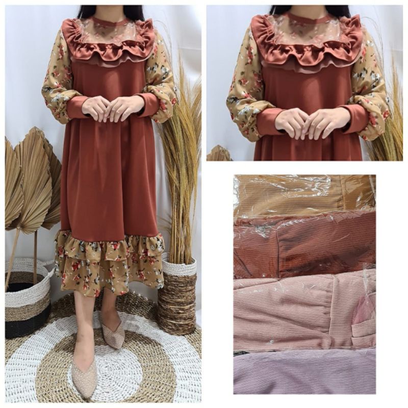 promo fhasion wanita-longdres/tunik rempel bunga slimfit premium import/termurah/terbaru