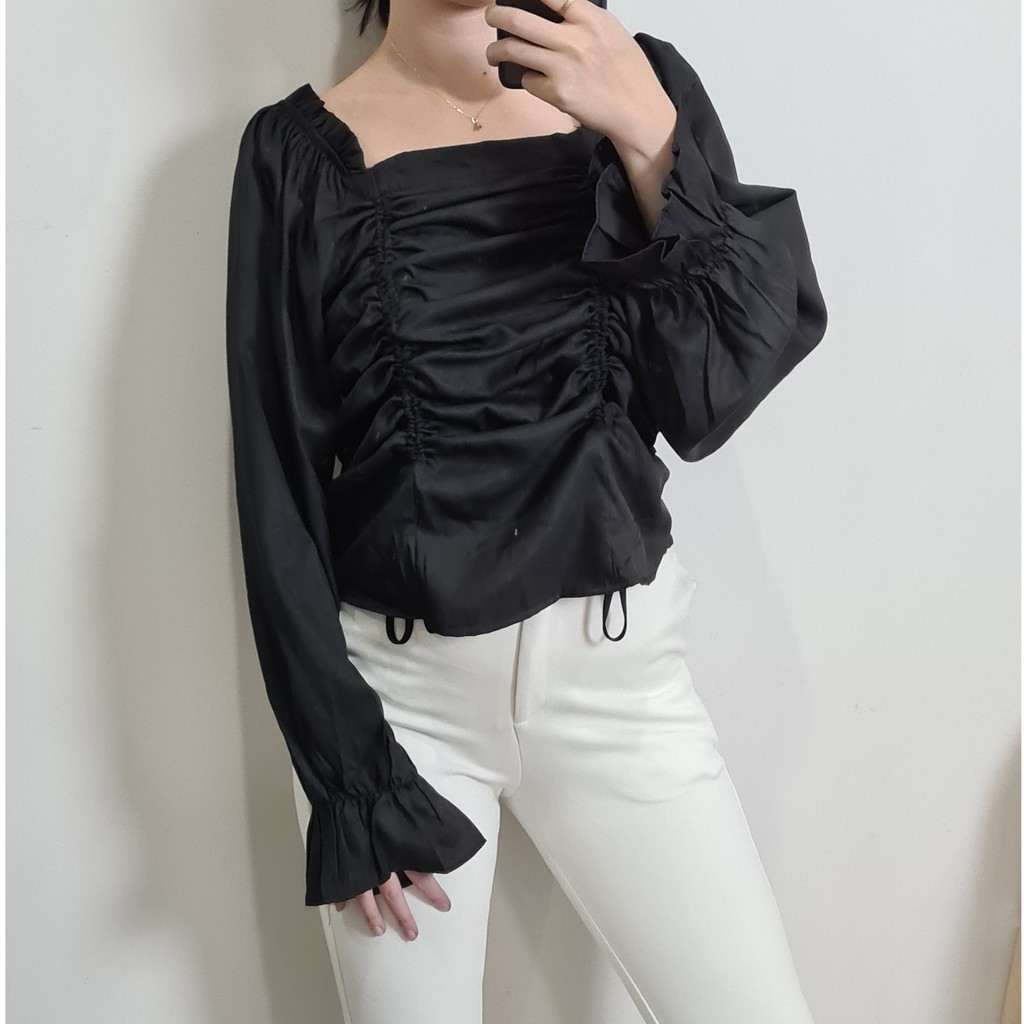 Hara Top Blouse Blus Atasan Tali Ruffle Korea Wanita