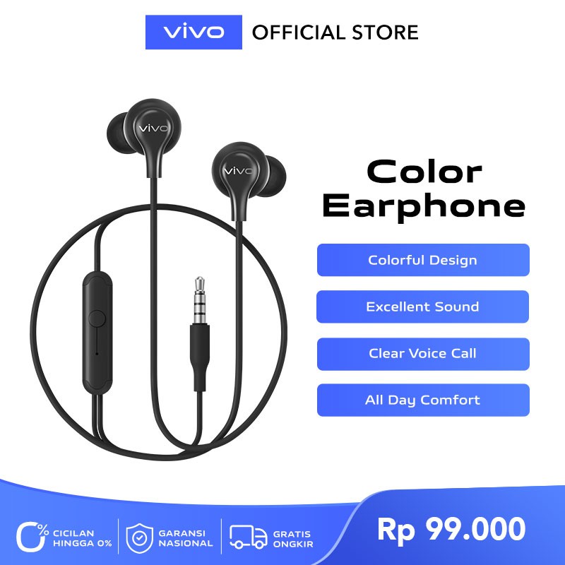 vivo Color Earphone Original [Suara HD Berkualitas, Suara Telpon Jernih] - Garansi Resmi 6 Bulan-Black
