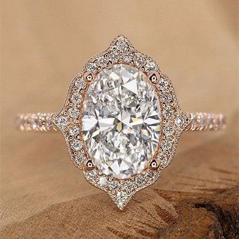 Cincin Wanita Warna Rose Gold Hias Cubic Zirconia Bentuk Oval Gaya Romantis Untuk Pertunangan / Pernikahan