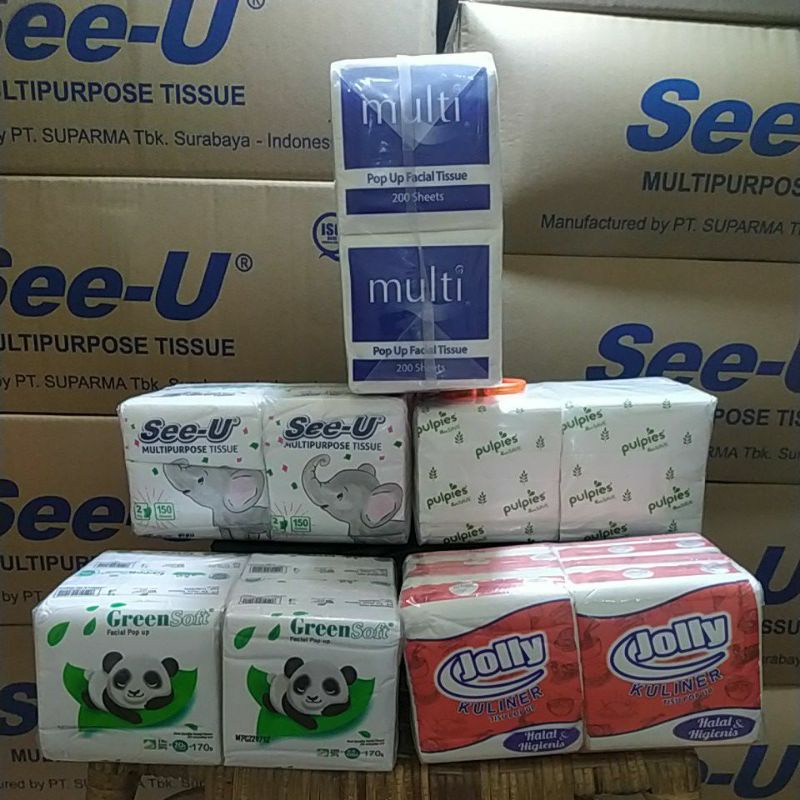 TISSUE Pop Up Paket Ekonomis isi4pcs Non Dispenser (Paseo-Jolly-Multi-SeeU-Greensoft-Pulpies-t-soft)