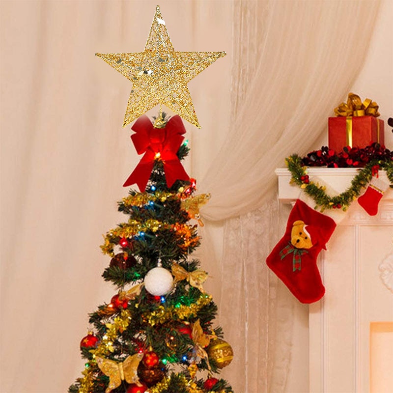 Ornamen Puncak Pohon Natal Bentuk Bintang Bahan Besi Metal Glitter Untuk Dekorasi Rumah