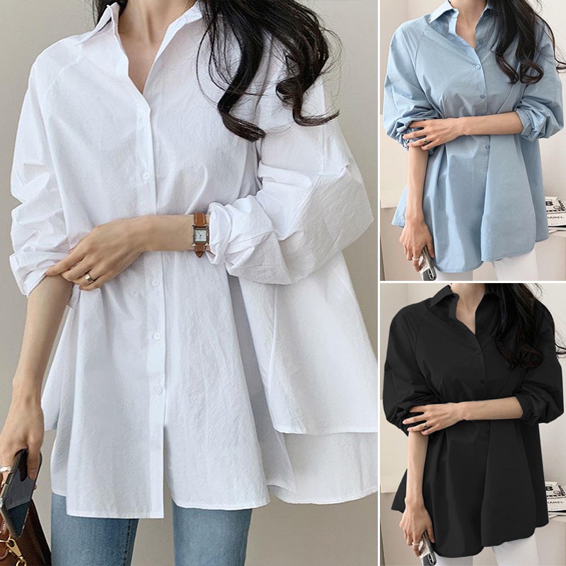 ZANZEA Women Casual Long Sleeve Button Down Irregular Hem Korea Blouse