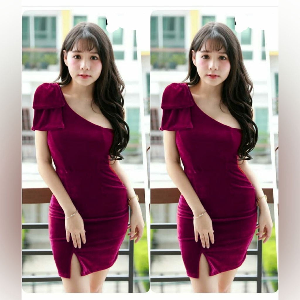 678 Dress Natal Tahun Baru Newyear Bahan Bludru Velvet Model Oneshoulder - Gaun Mini Pendek Baju Ser