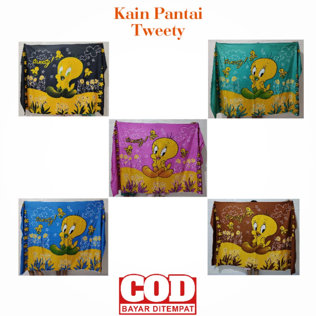 KAIN PANTAI MOTIF TWEETY UKURAN 195X120 CM/KAIN BALI/SELIMUT BUAT SANTAI BAHAN KATUN RAYON