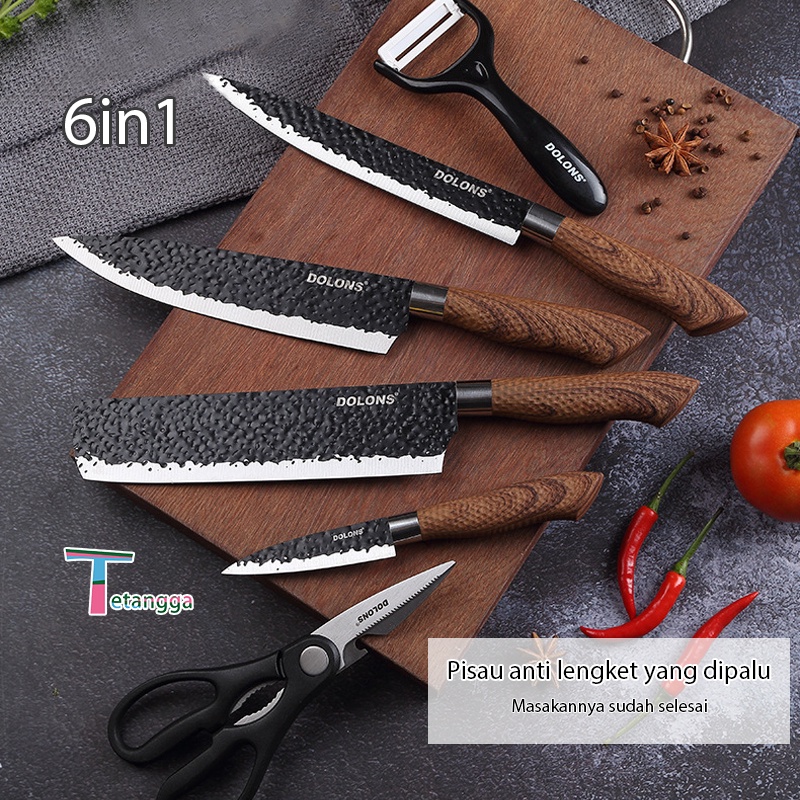 Pisau Dapur Set isi 6 pcs Wooden Holder Kitchen Knife Set Tidak Lengket Sangat Tajam Pisau