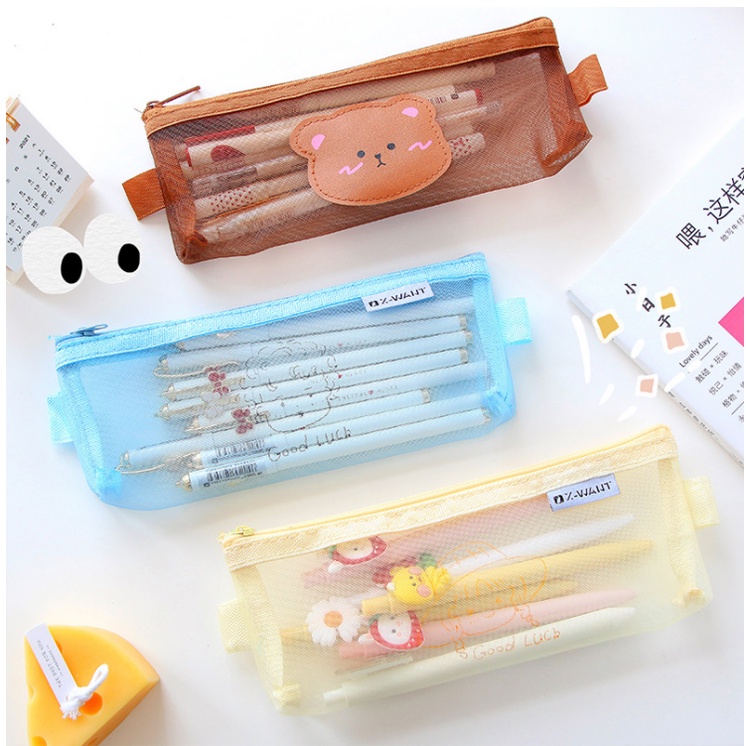 Dompet Pensil Tempat Pensil Lucu Tempat Makeup Cute Model Jaring Transparan Brown dan Multicolour Cute