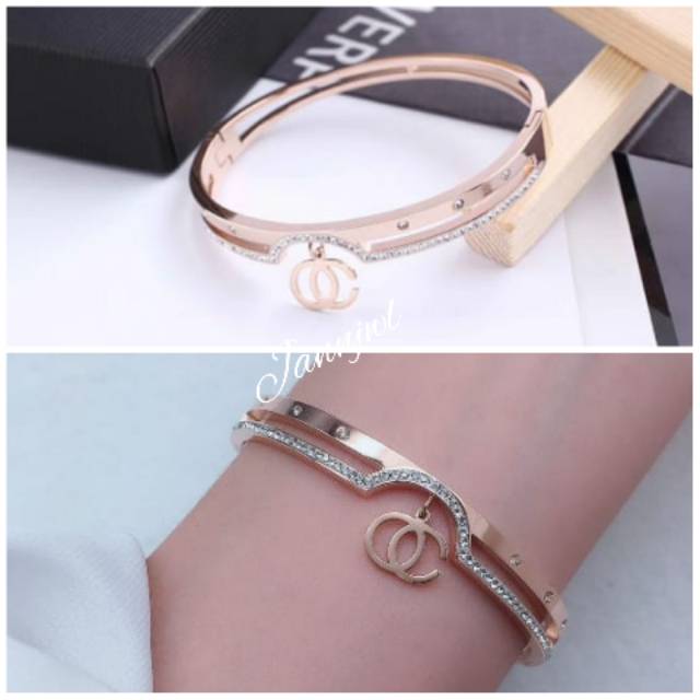 Gelang titanium asli anti karat korea simple rosegold permata zircon GBT-84