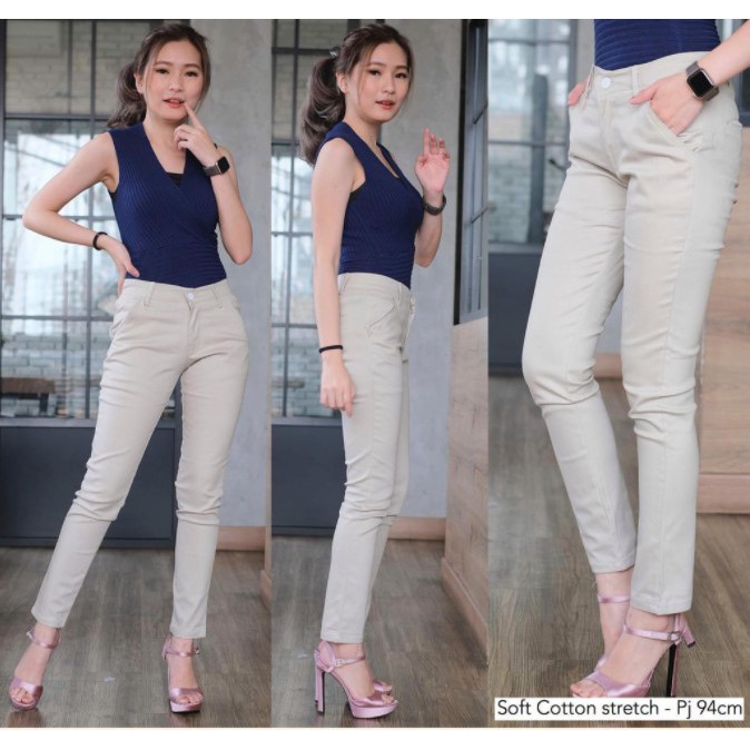 CELANA CHINO/CHINOS SKINNY WANITA /CHINO PANTS PANJANG/CELANA PANJANG BAHAN TEBAL LEMBUT WARNA CREAM