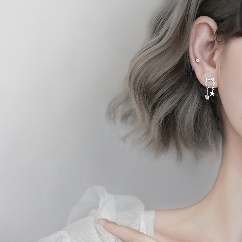 Anting Stud 925 Silver Needle Bentuk Kucing Bahan Zirkon Gaya Minimalis