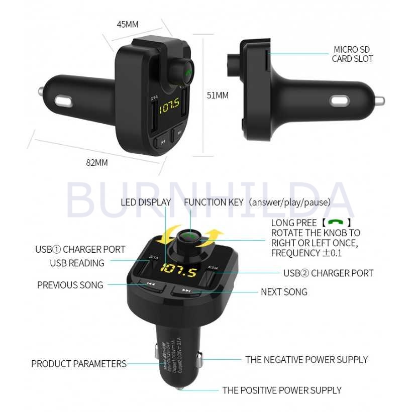 Bluetooth Handsfree Car Kit with FM Transmitter 3.1A 2 USB Port mobil motor burnhilda