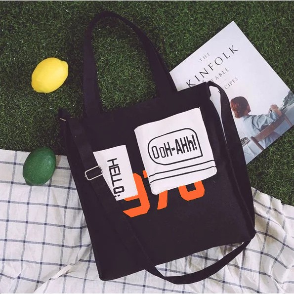 TAS TOTEBAG KANVAS | TAS SELEMPANG WANITA | TAS WANITA TERMURAH | TAS TOTEBAG HELLO - HITAM PUTIH