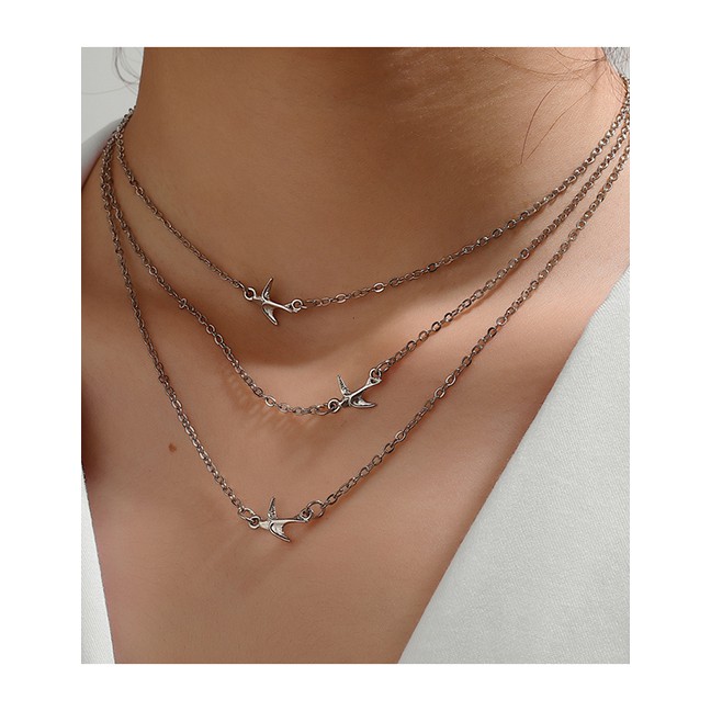 LRC Kalung Fashion Silver Color Alloy Multilayer Bird P82874